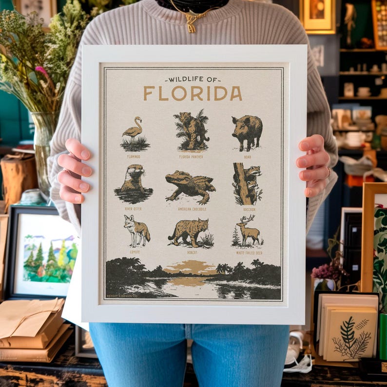 Florida Wildlife Wall Art Print - Vintage poster design, archival quality matte fine art print. Outdoor, wilderness gift. Animal print. image 5
