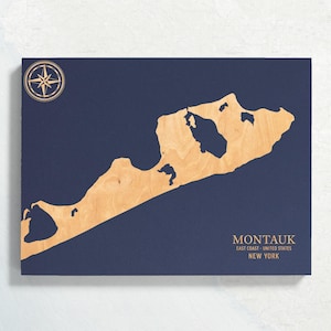 Mappa di Montauk, New York / Carta costiera incisa su legno, decorazione da parete per la casa in spiaggia, stampa di vita nautica, regalo unico e personalizzato per la famiglia