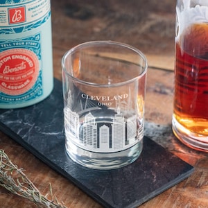 Cleveland, Ohio City Skyline Engraved Glasses | Hometown Pride Glassware, Whiskey Rocks Wine & Beer Barware, Travel Special Trip Gift