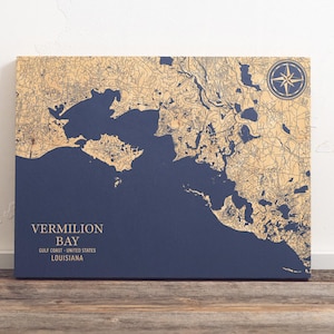 Mapa de Vermilion Bay, Luisiana / Letrero de madera grabado con arte costero para pared, decoración náutica para casa de playa, regalo familiar personalizado único
