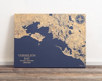 Vermilion Bay, Louisiana Map | Engraved Wood Coastal Wall Art Sign, Beach House Home Decor Nautical Print, Unique Personalized Family Gift
