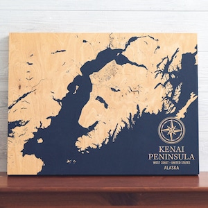 Kenai Halbinsel, Alaska Karte | "Graviertes Holz Küsten Kunst Schild, ""Strandhaus"" Dekor Wandbehang, nautisches Leben Druck, einzigartiges personalisiertes Geschenk."
