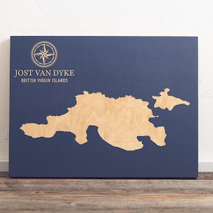 Jost Van Dyke, Mapa das Ilhas Virgens Britânicas | Placa de parede com carta costeira gravada em madeira das Ilhas Virgens Britânicas, decoração de casa de praia, presente personalizado exclusivo