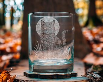 Black Cat & Moon Glasses | Personalized Whiskey, Wine, Beer Glassware, Whimsical Drinkware, Witchy Accents, Cat Decor, Animal Lover Gift