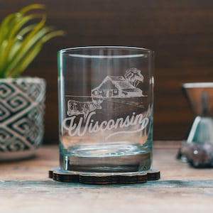 Wisconsin State Engraved Glasses | Personalized landscape etched glassware for beer, whiskey, wine and cocktails. Home decor & gift.