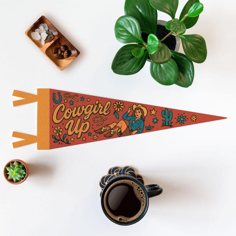 Cowgirl Up Felt Pennant | Western Wall Decor, Ranch Cowboy Banner, Rustic Girls Room Sign, Handmade Western Art, Fun Country Gift Idea image 1