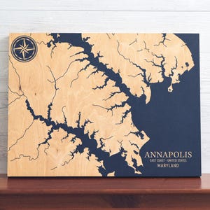 Annapolis, Maryland Karte | "Graviertes Holz Küsten Karte Wand Kunst Schild, Strand Haus Wohnkultur nautischen Druck, einzigartiges personalisiertes Geschenk für die Familie