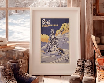 Jackson Hole Wyoming Art Print | Vintage Style Ski Poster Wall Art, Retro Mountain State Souvenir Decor, Ski & Snowboard Travel Gift