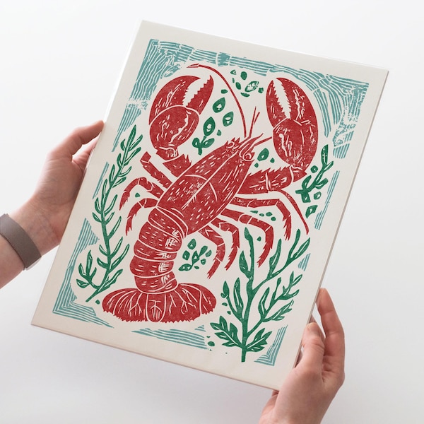 Lobster Art Print - Vintage inspired linocut block print style poster, archival quality fine art print. Cute nature wildlife folk art gift.