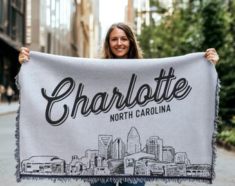 Charlotte North Carolina City Blanket | Woven Throw Blanket Gift, Black & White Skyline City Art, Fun Home Decor, Cozy Soft City Gift
