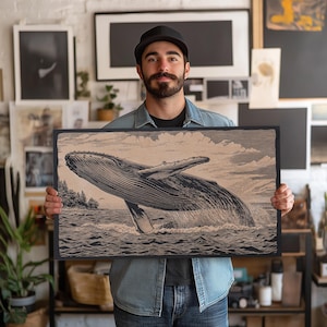 Humpback Whale Wall Art | Nature Inspired Engraved Wooden Lithograph Illustration, Large Wall Art, Wooden Framed Alaskan Landscape Painting