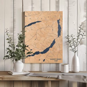 Heilige Mary Lake Montana | Benutzerdefinierte See Karte Wohnkultur, personalisierte See Haus Geschenk, Jahrestag Hochzeitslager Geschenk, gravierte Holz Wandkunst