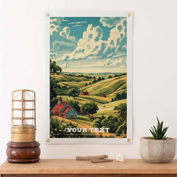 Custom Travel Poster Felt Banner | Farm House Illustration, Personalized destination art, Vintage home decor, Sentimental location gift