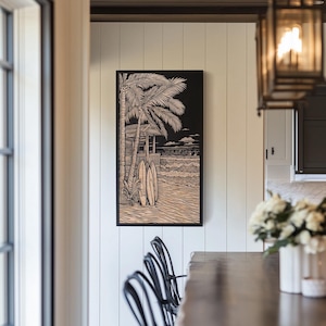 Surf Shack Engraved Birch Wood Panel | Block Print Inspired Beach Lover Wall Art, Nature Surfing Illustration Print, Coastal Home Decor Gift