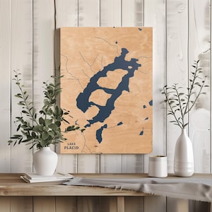 Lake Plazid New York | Benutzerdefinierte See Karte Wohnkultur, personalisierte See Haus Geschenk, Jahrestag Hochzeitslager Geschenk, gravierte Holz Wandkunst