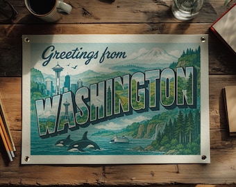 Filzbanner „Washington“ | Retro-Wanddeko „Reisegrüße“, Souvenir im Vintage-Stil, nostalgische Nordwest-Deko, Flagge aus den USA