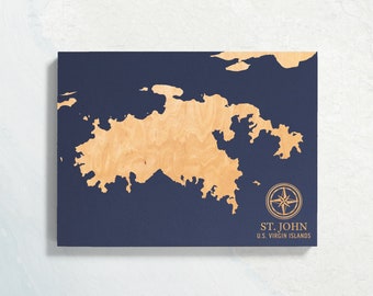 St John, U.S. Virgin Islands Map | Engraved Wood Coastal Chart Wall Art Sign, Beach Home Decor Nautical Print, Personalized Family Gift