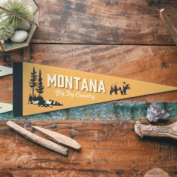 Montana Felt Pennant | Big Sky Country State banner poster. Vintage typography Bear flag pennant home decor. USA Handmade