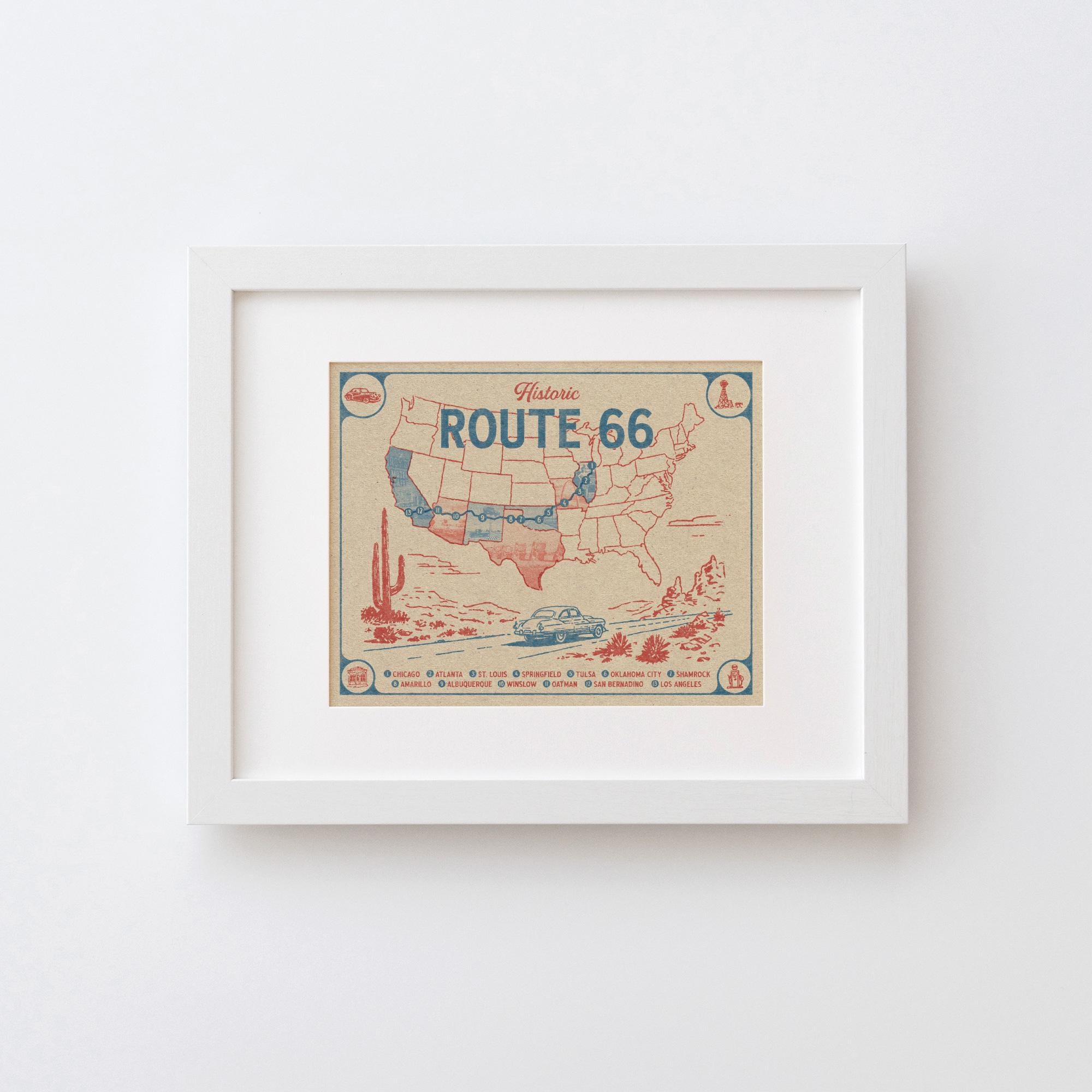 Route 66 Map Art Print - Vintage Road Trip Wall Decor, Americana Travel ...