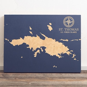 Mapa de St. Thomas, Ilhas Virgens Americanas | Carta Costeira em Madeira Gravada das Ilhas Virgens Americanas, Arte de Parede, Decoração de Praia para Casa, Impressão Náutica, Presente Personalizado para Família