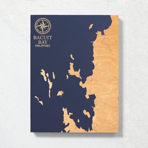 Mappa della baia di Bacuit, Filippine / Carta costiera incisa su legno, decorazione da parete per casa al mare, stampa nautica, regalo personalizzato per la famiglia