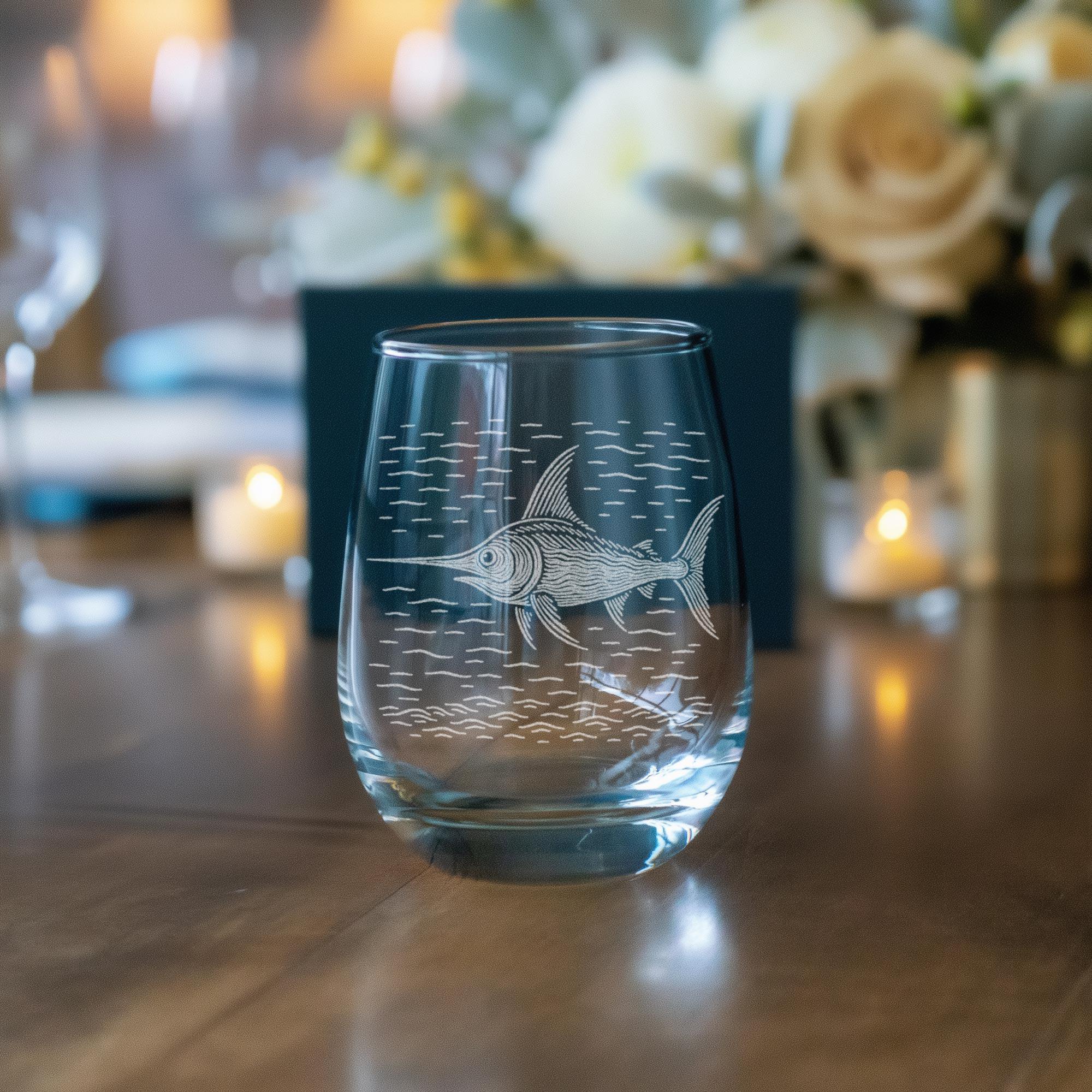 Swordfish Glass | Laser Etched Ocean Fish Rocks Glass | Engraved