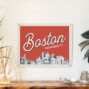 Boston, Massachusetts Felt Poster Banner | City skyline wall art print sign. Vintage city line drawing pennant home decor. Handmade gift