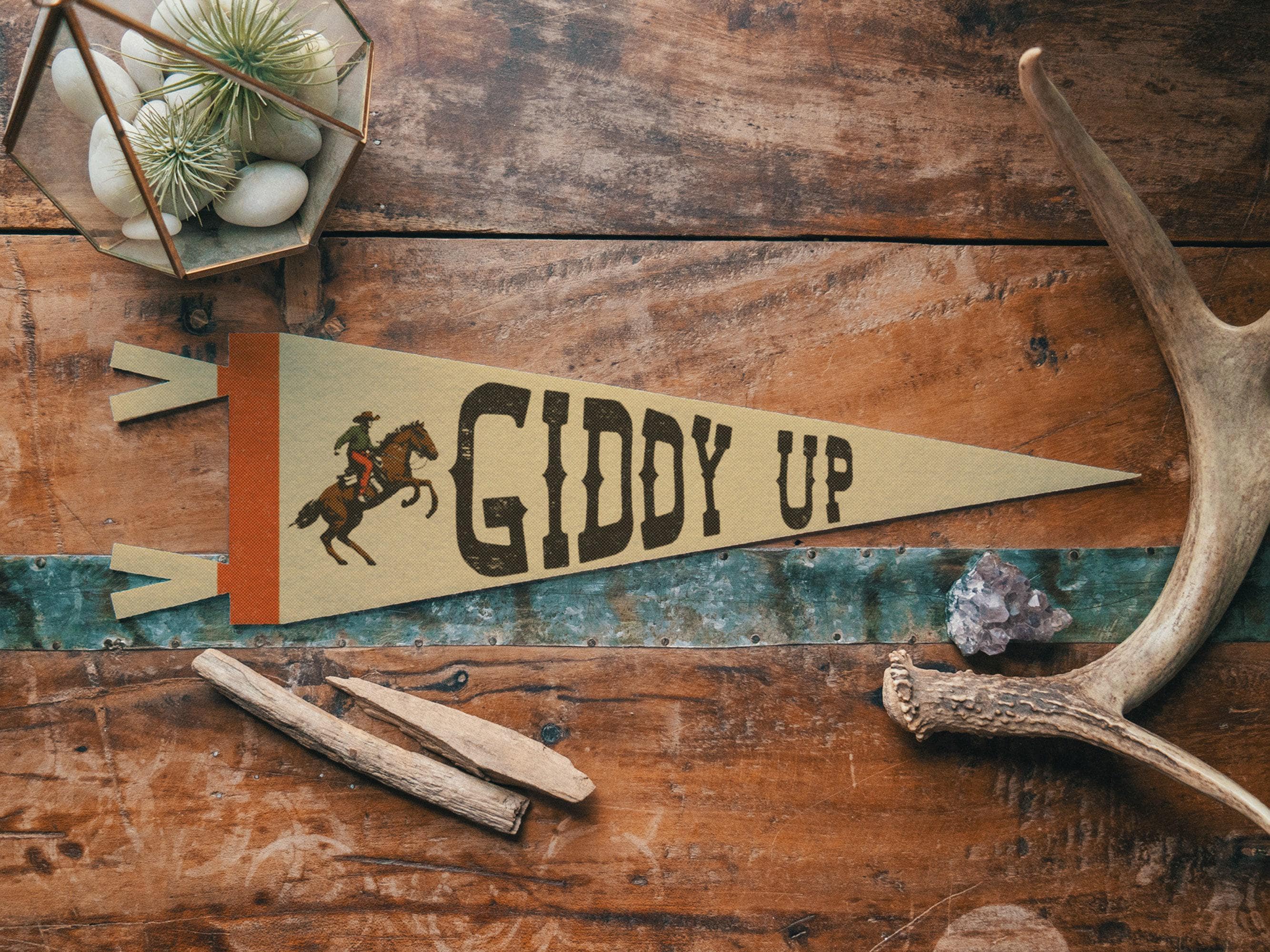 Giddy Up Felt Pennant | Vintage Wild West Cowboy Banner, Inspirational Kids Room Decor, Western Nursery Wall Art, Rustic Home Accent Gift.