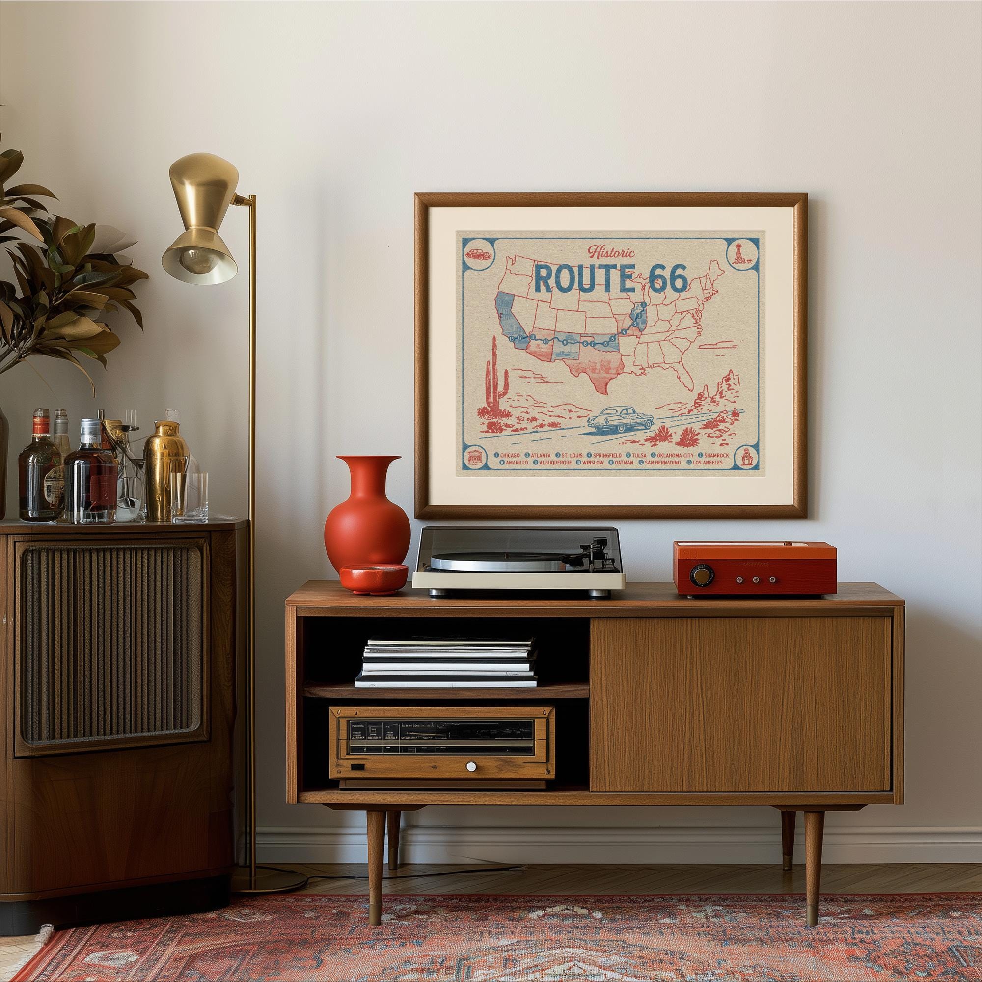 Route 66 Map Art Print - Vintage Road Trip Wall Decor, Americana Travel ...