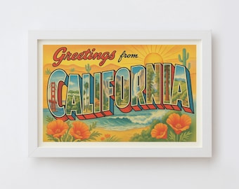 May include: Framed vintage-style postcard with the text "Greetings from California." The postcard features a colorful illustration of California landmarks, including the Golden Gate Bridge and a beach scene with orange poppies.