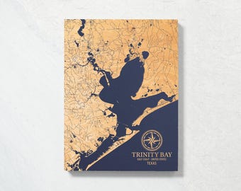 Trinity Bay, Texas Map | Engraved Wood Coastal Chart Wall Art Sign, Beach House Home Decor Nautical Print, Unique Personalized Family Gift