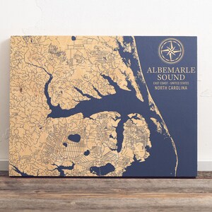 Albemarle Sound Karte von North Carolina | "Graviertes Holz Küstenkarte Wand Kunst Zeichen, Strand Wohnkultur nautischen Druck, einzigartiges personalisiertes Geschenk."