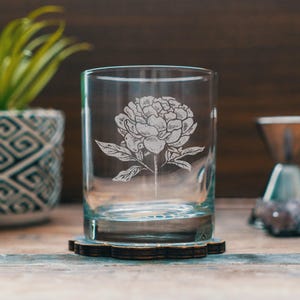 Peony Glasses | Personalized Beer, Cocktail, Whiskey, Wine glassware. Bridal floral gift. Botanical Feminine Flowers Boho Home Decor.