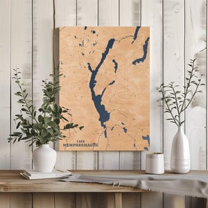 Lago Memphremagog, Vermont / Decorazione per la casa con mappa del lago personalizzata, regalo personalizzato per casa sul lago, regalo per anniversario di matrimonio, arte murale in legno incisa