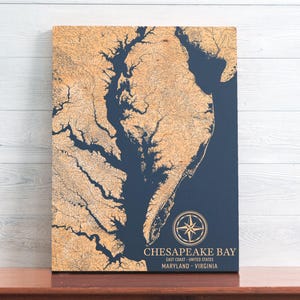 Chesapice Bay, Maryland Virginia Karte | "Graviertes hölzernes Küstenkarten-Wand-Kunst-Zeichen, Strandhaus-Innendekor-nautischer Druck, personifiziertes Geschenk."