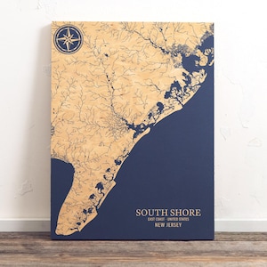 South Shore, New Jersey Karte | "Graviertes Holz Küstenkarte Wand Kunst Zeichen, Strand Wohnkultur nautischen Druck, einzigartiges personalisiertes Geschenk für die Familie