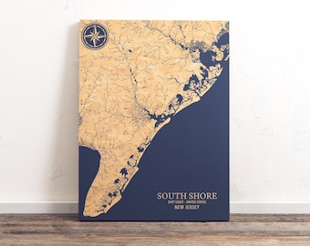 Karta över South Shore, New Jersey | Graverad träväggkonstskylt med kustkarta, strandinredning, nautiskt tryck, unik personlig familjegåva