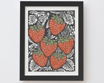 Strawberries Art Print - Vintage inspired plant linocut block print style poster, archival fine art print. Cute garden folk art gift.