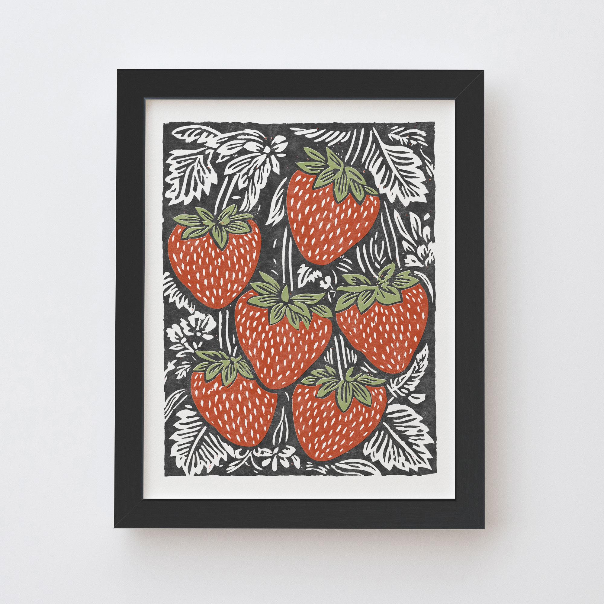 Strawberries Art Print - Vintage Inspired Plant Linocut Block