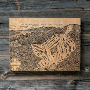 Kaart van skiroutes Waterville Valley New Hampshire | Gegraveerde houten muurkunst, decor winterhut, snowboardberg, gepersonaliseerd familiecadeau