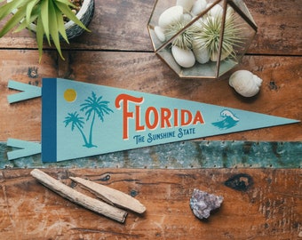 Florida Felt Pennant | Sunshine state banner poster. Vintage typography camp flag pennant home decor. USA Handmade