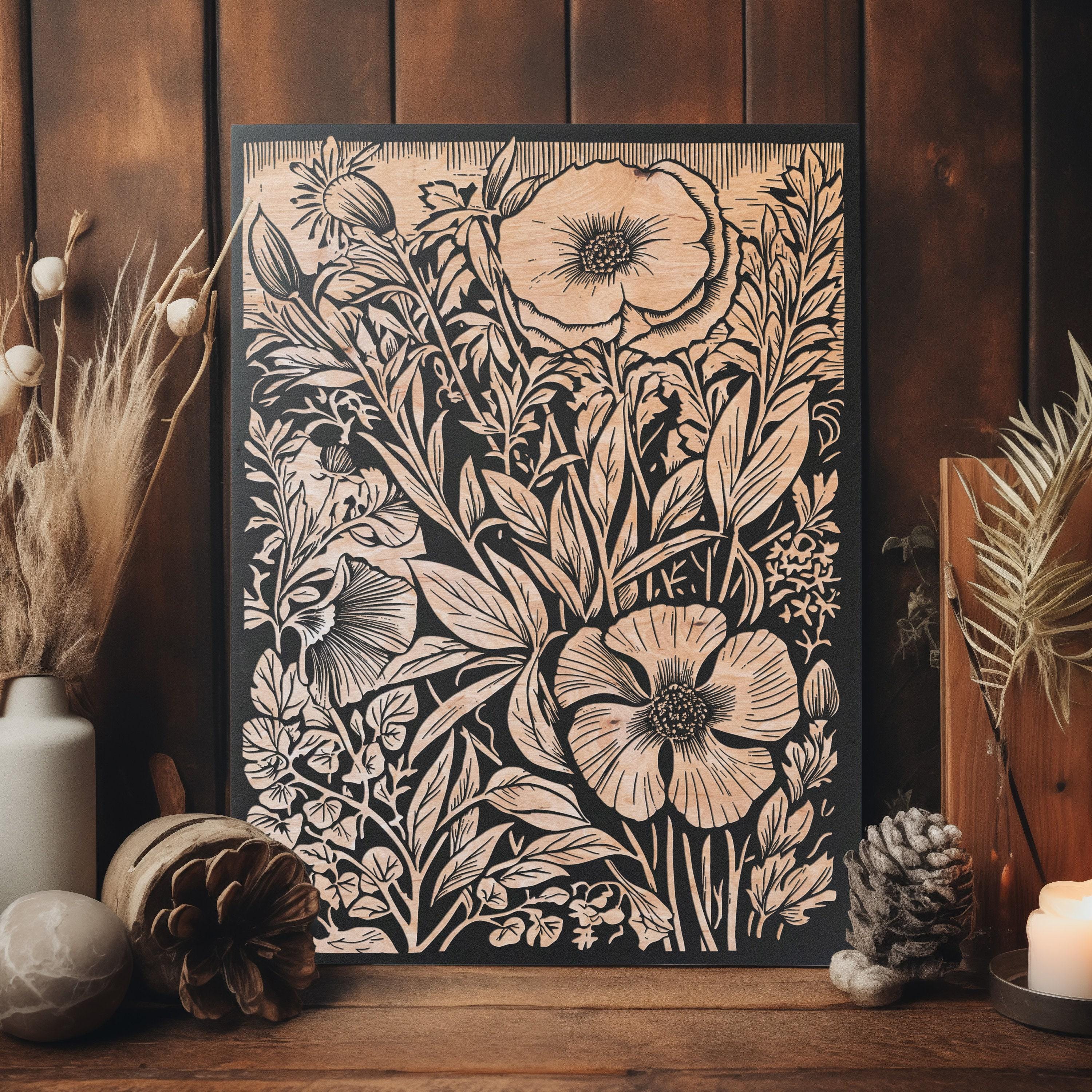 Wildflowers Engraved Birch Wood Panel | Block Print Inspired