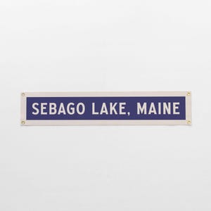 Custom Name Sign Felt Banner | Classic vintage style typography flag. Personalized pennant family gift. Lake, mountain location, home decor. Blue & Cream