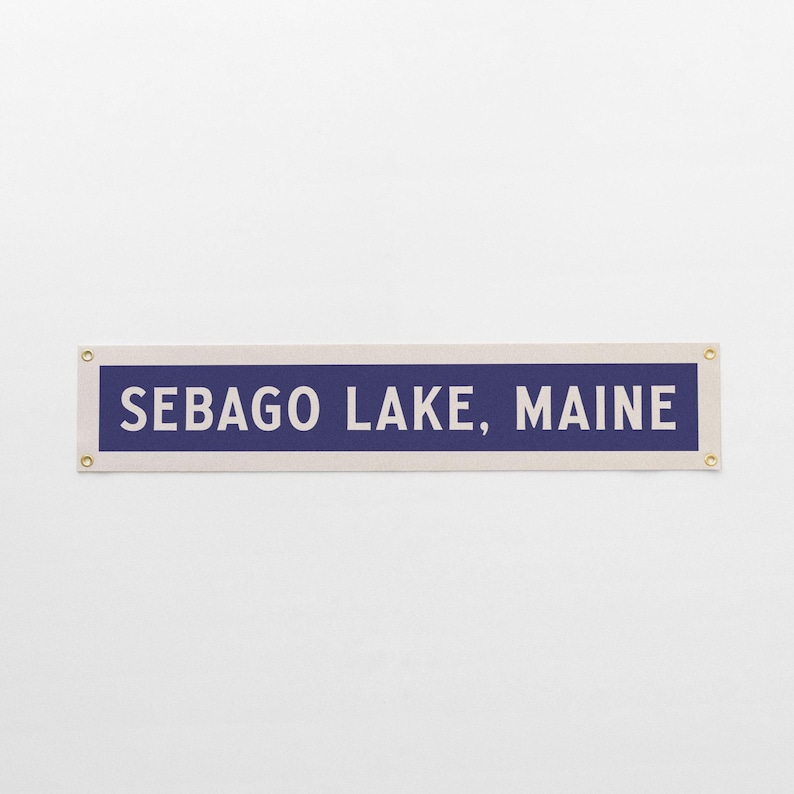 Custom Name Sign Felt Banner | Classic vintage style typography flag. Personalized pennant family gift. Lake, mountain location, home decor. Blue & Cream