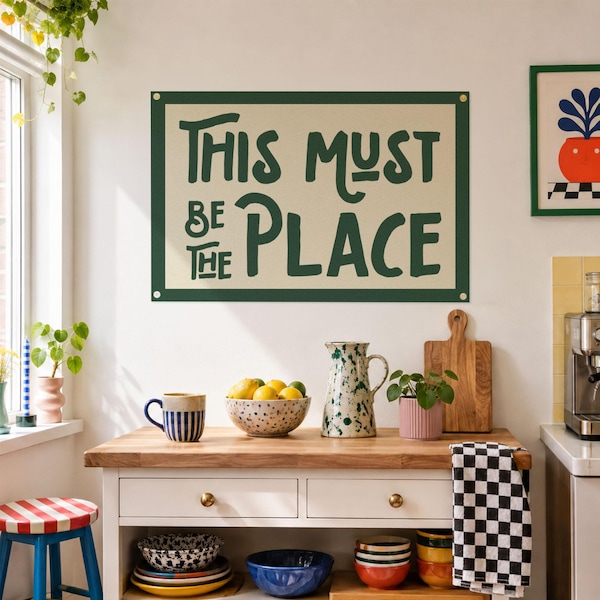 This Must Be The Place Felt Poster Banner | Talking Heads inspired art gift. Vintage Typography camp flag pennant home decor. USA Handmade