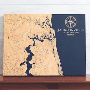 Kaart Jacksonville, Florida | Gegraveerd houten bord kustmuur, huisdecor strandhuis nautische print, uniek gepersonaliseerd familiecadeau