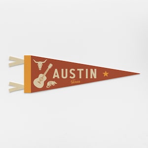 Filcowy proporzec Austin Texas | Plakat z banerem miejskim. Flaga z typografią w stylu vintage z motywem dumy miasta i stanu. Prezent podróżny wyprodukowany w USA.