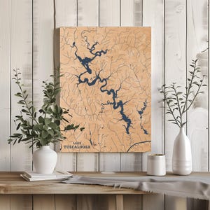 Lake Tuscaloosa Alabama | Aangepaste huisdecoratie meerkaart, gepersonaliseerd meerhuiscadeau, jubileumkamp bruiloftscadeau, gegraveerde houten muurkunst