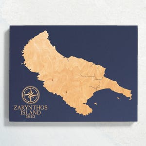 Mappa dell'isola di Zante, Grecia / Carta costiera incisa su legno, decorazione da parete per casa al mare, stampa nautica, regalo personalizzato unico