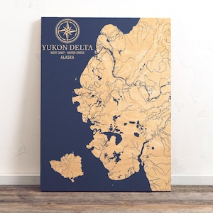 Yukon Delta, Alaska Karte | Geschenk für die ganze Familie, Strandhaus-Dekor-Wandbehang, gravierter Küstendruck, einzigartiges Geschenk für die Familie